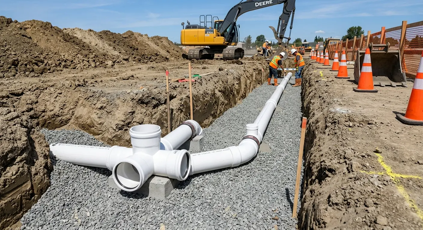 New PVC sewer pipe installation in open trench for Commercial Drain Cleaning in Hurley
